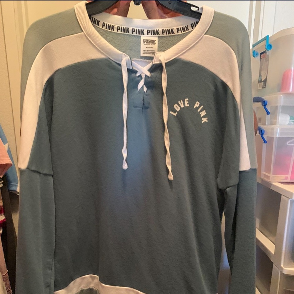 Victoria's Secret VS PINK lace Up Varsity Crew Sweatshirt Succulent Green